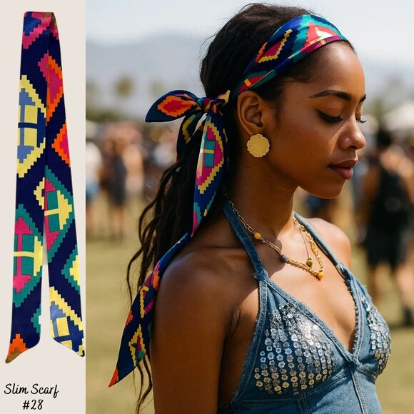 Slim Scarf Multicolor Geometric Aztec Pattern Bright Bold Lightweight No28 - Picture 8 of 8